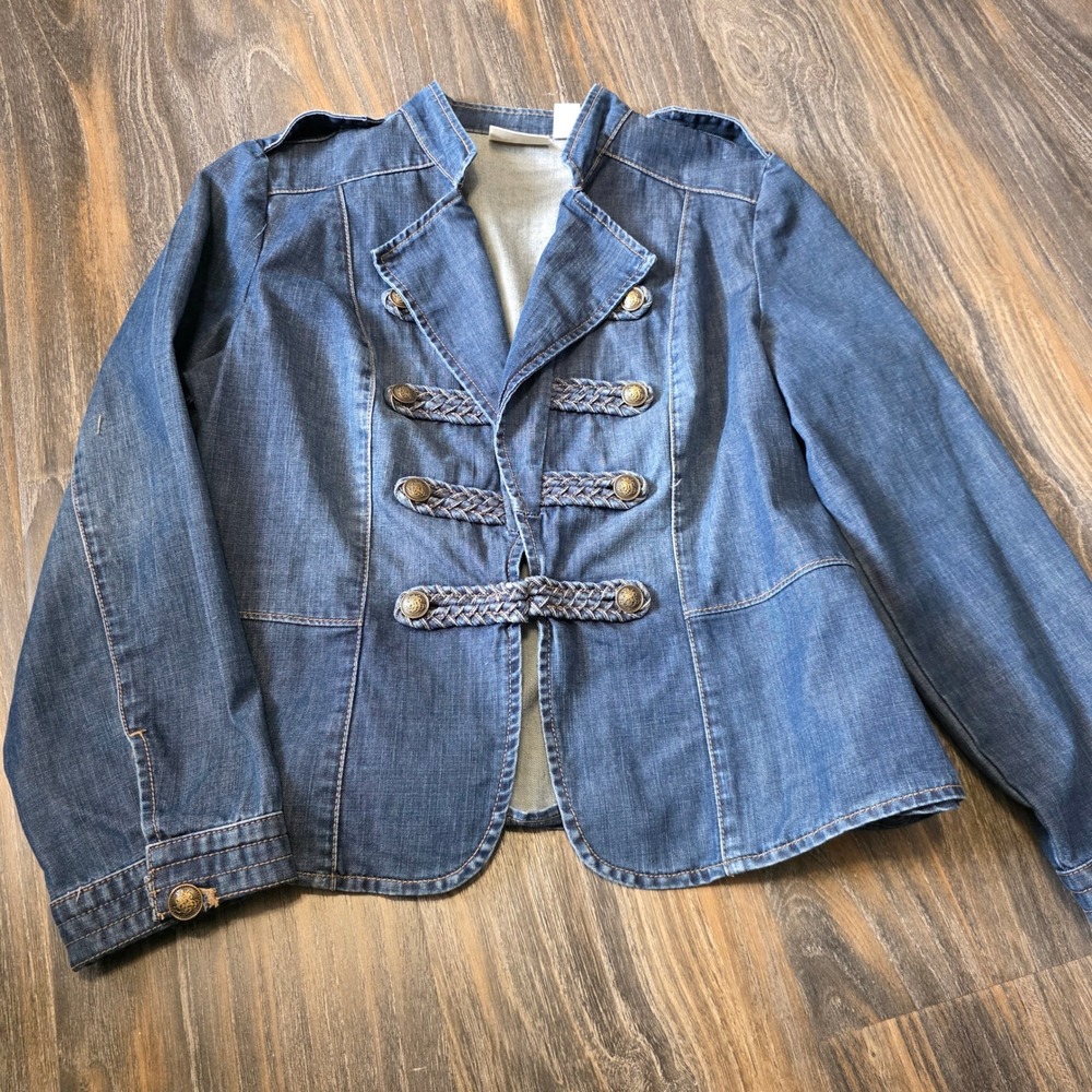 Chicos Womens Blue Denim Military Jacket Braided Trim Crest Buttons Size 1 M